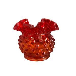 Fenton Amberina Hobnail Glows Small Rose Bowl Ruffle Crimped Orange Glass Vase